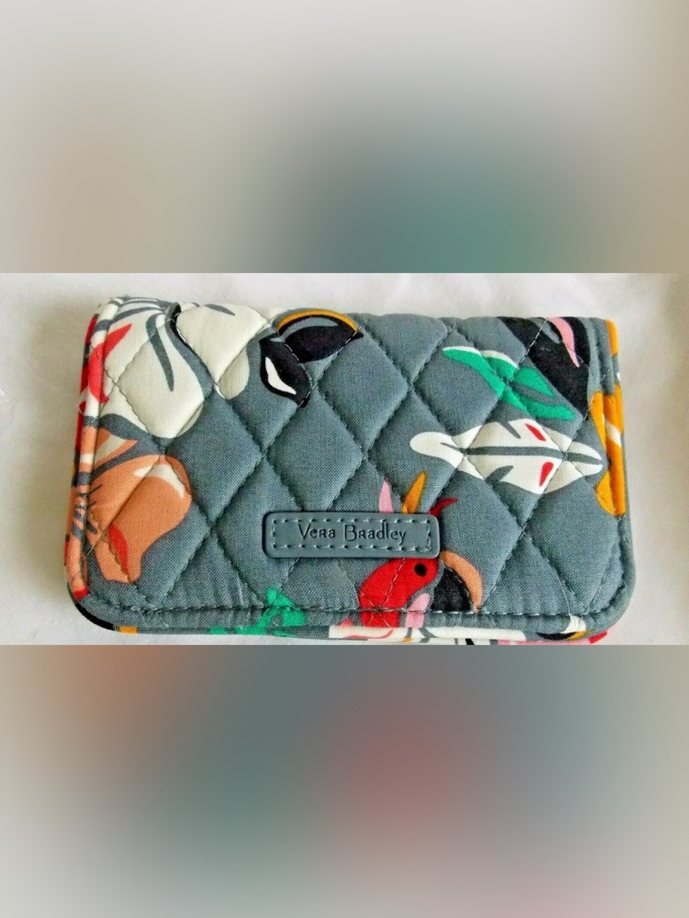 Vera Bradley Gray Quilted Floral Card Holder with Key Clip